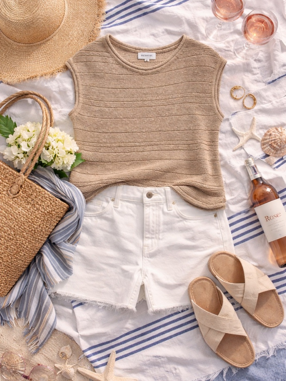 Evereve Beige Knit Cap Sleeve Tee